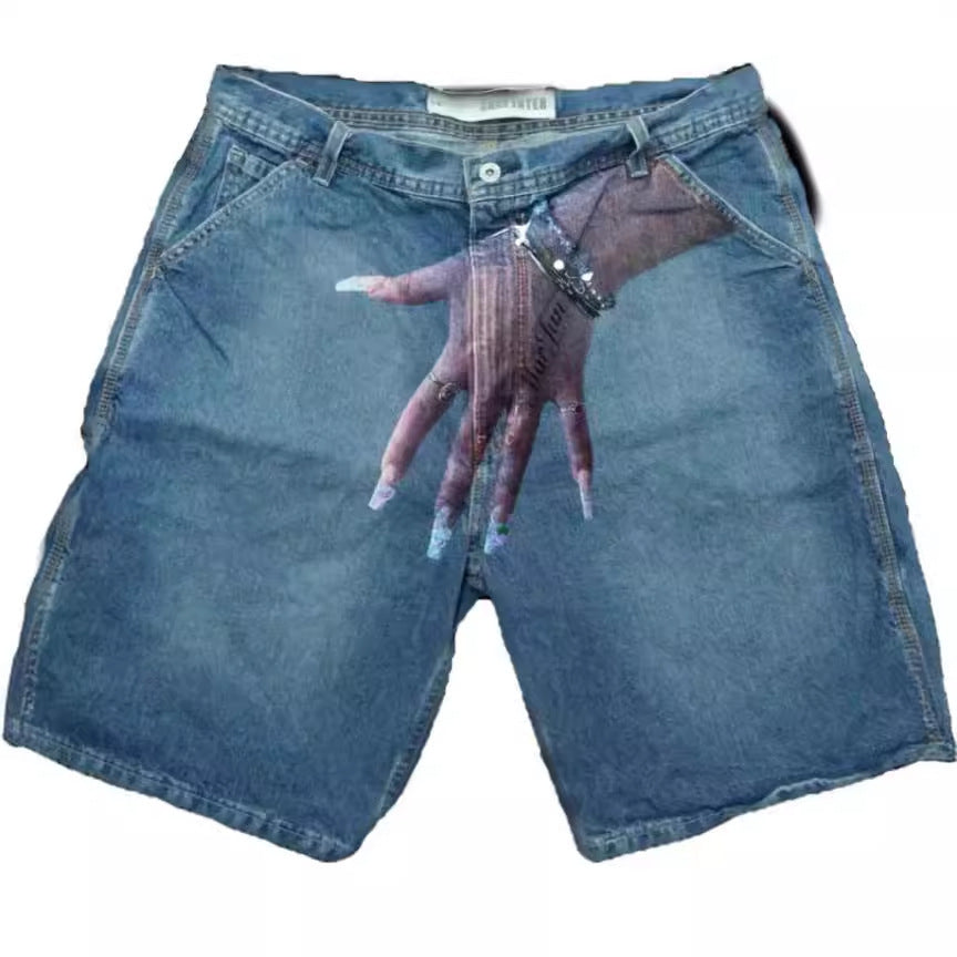 European and American Y2K hip-hop trend pattern printed denim shorts for men, high street fashion brands, couple casual five quarter pants - E-Esther Clothing Store