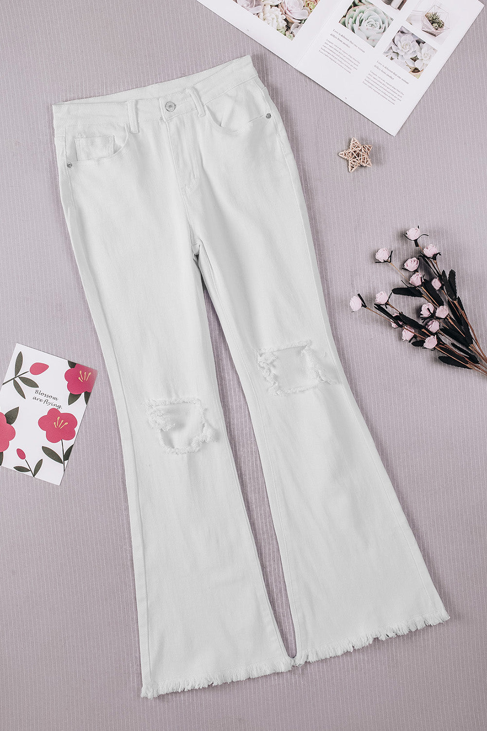 White Distressed Hollow-out Knee Frayed Flare Jeans - E-Esther Clothing Store