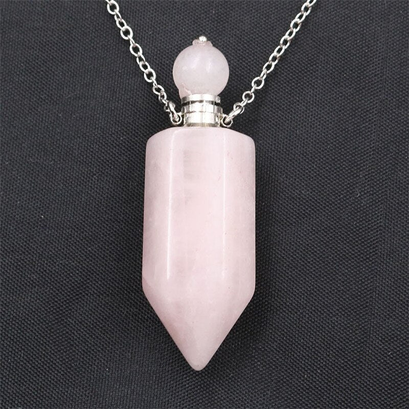 Natural Crystal Hexagonal Perfume Bottle Pendant Necklace Fluorite Pendant Essential Oil Jar Chain Necklace - E-Esther Clothing Store