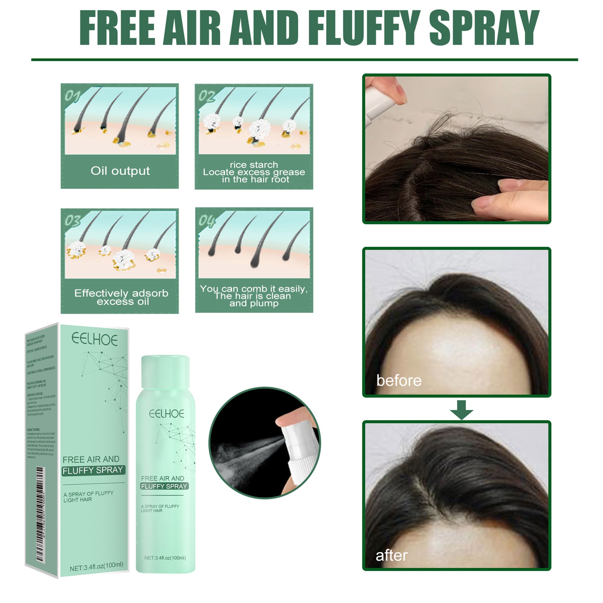 No-Wash Dry Hair Spray, Air Fluffiness Remove Oil Dry And Cool Shampoo-free Dry Hair Agent - E-Esther Clothing Store