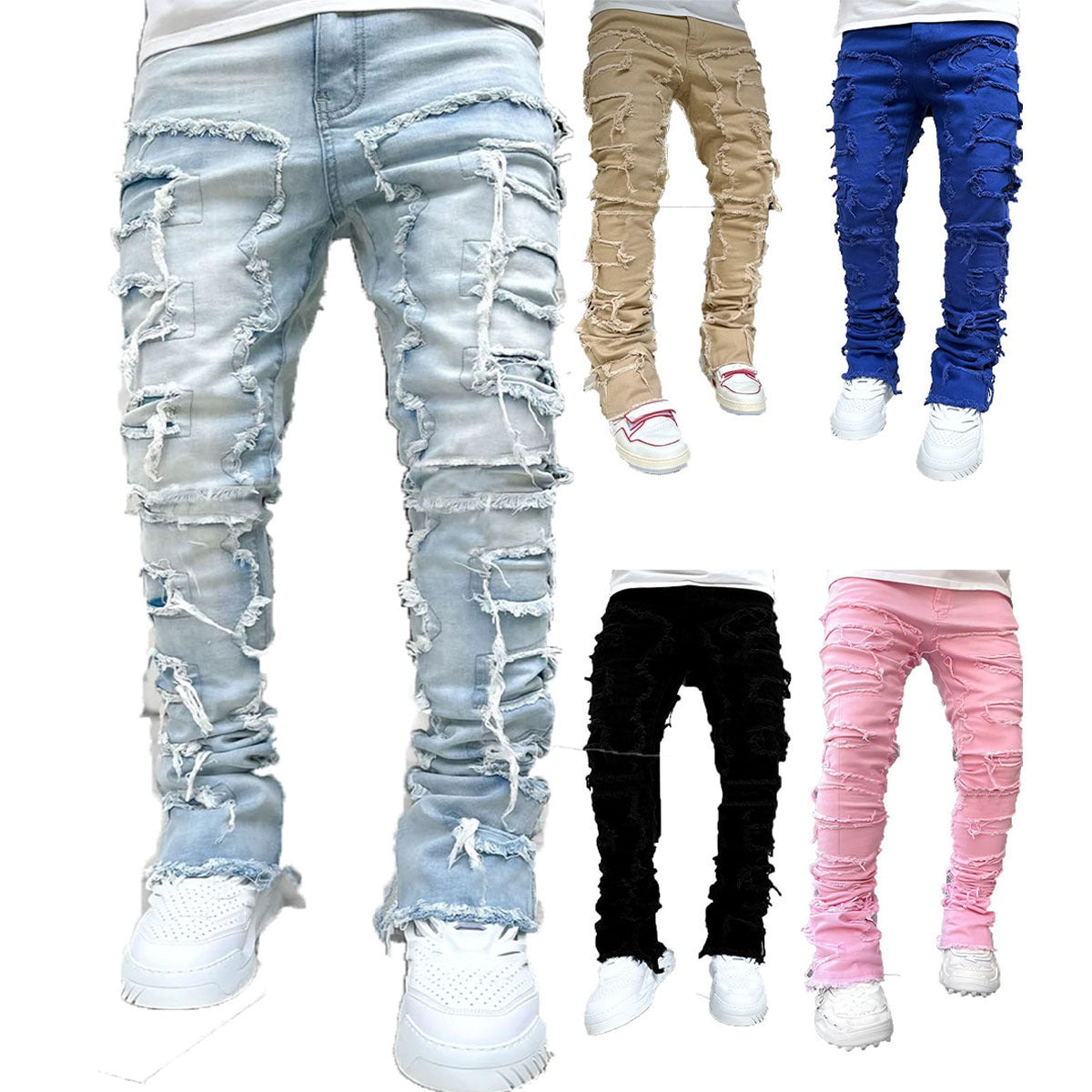 Men's denim straight leg pants with elastic patch fabric - E-Esther Clothing Store