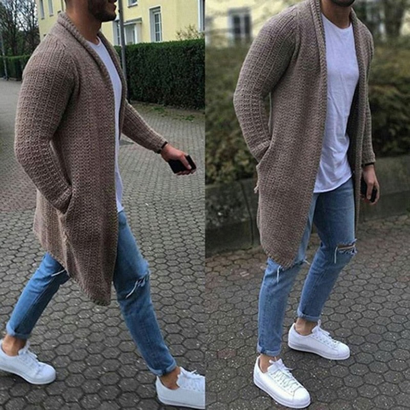 Mens Wool Cardigan Autumn Winter Warm Thick Solid Spacious Pocket Fashion Long Sweaters Knitted Cotton Casual Male Jackets - E-Esther Clothing Store