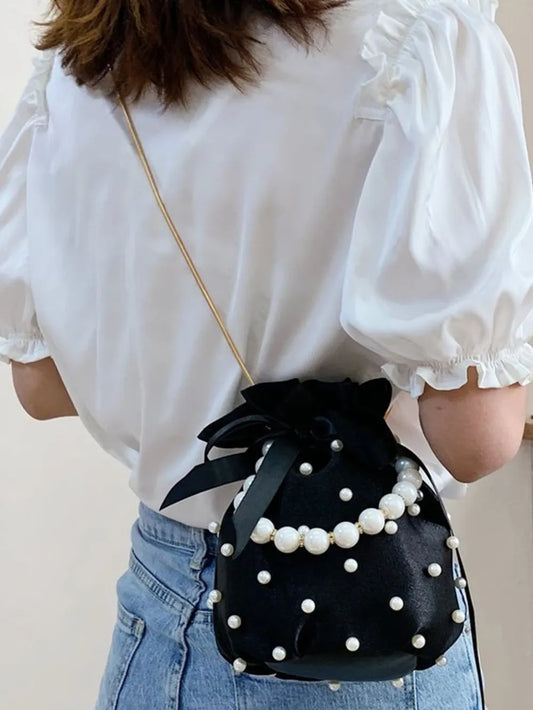 Pearl Detail Solid Color Bucket Bag - E-Esther Clothing Store