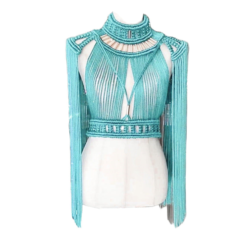 Women's handmade woven tassel long skirt, new creative Greek goddess outfit, beach travel sexy split body wrapped chest - E-Esther Clothing Store