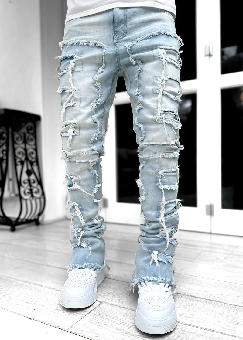 Men's denim straight leg pants with elastic patch fabric - E-Esther Clothing Store