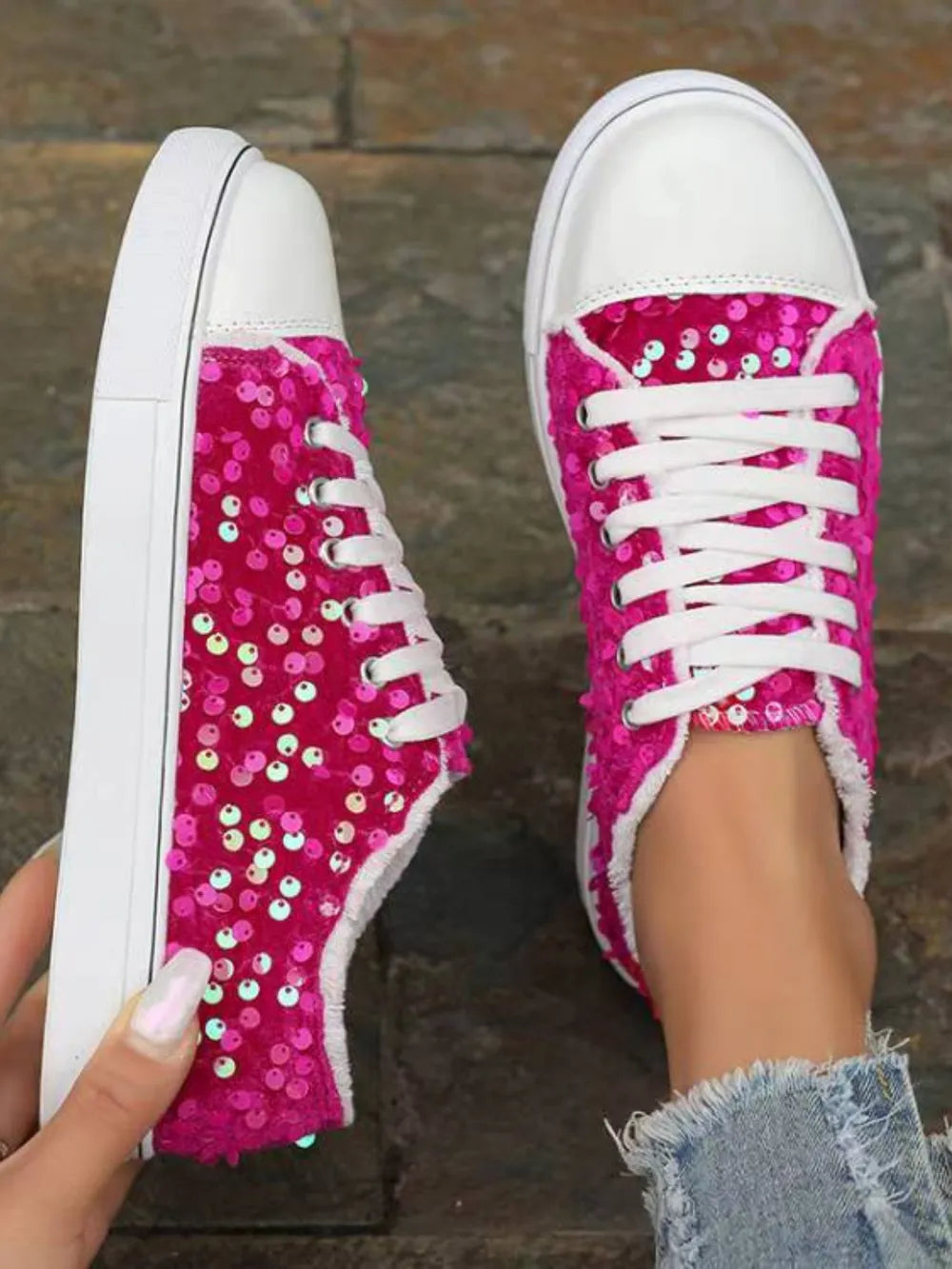 Sequin Round Toe Flat Sneakers - E-Esther Clothing Store