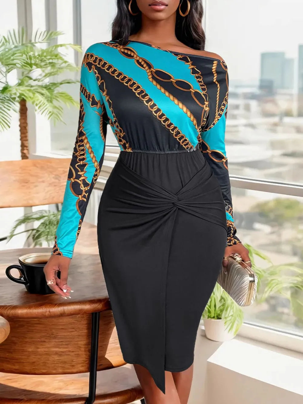 Single shoulder slim fit twisted dress with patchwork temperament and hip hugging skirt - E-Esther Clothing Store