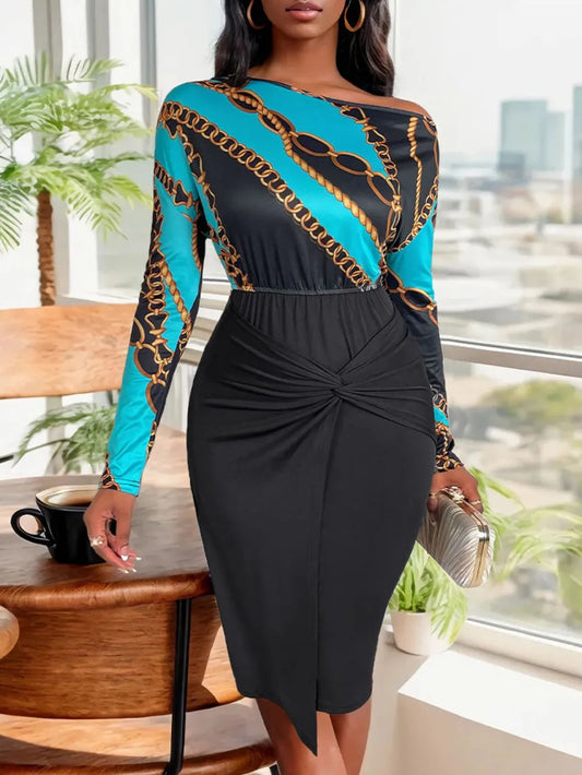 Single shoulder slim fit twisted dress with patchwork temperament and hip hugging skirt - E-Esther Clothing Store