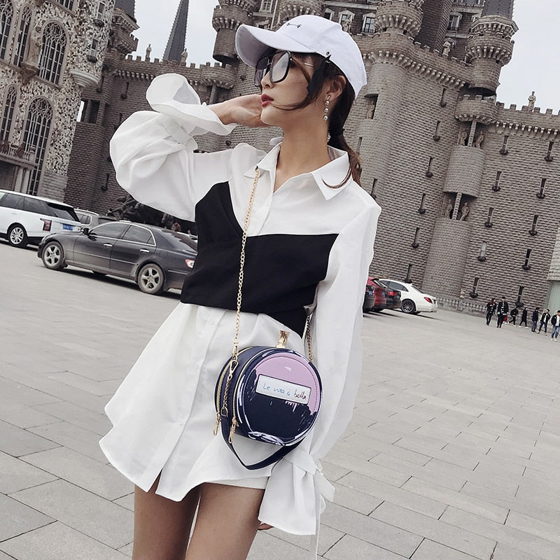 Round Letter Printed Perfume Bottle Pu Leather Casual Handbag Chain Purse Shoulder Bag - E-Esther Clothing Store