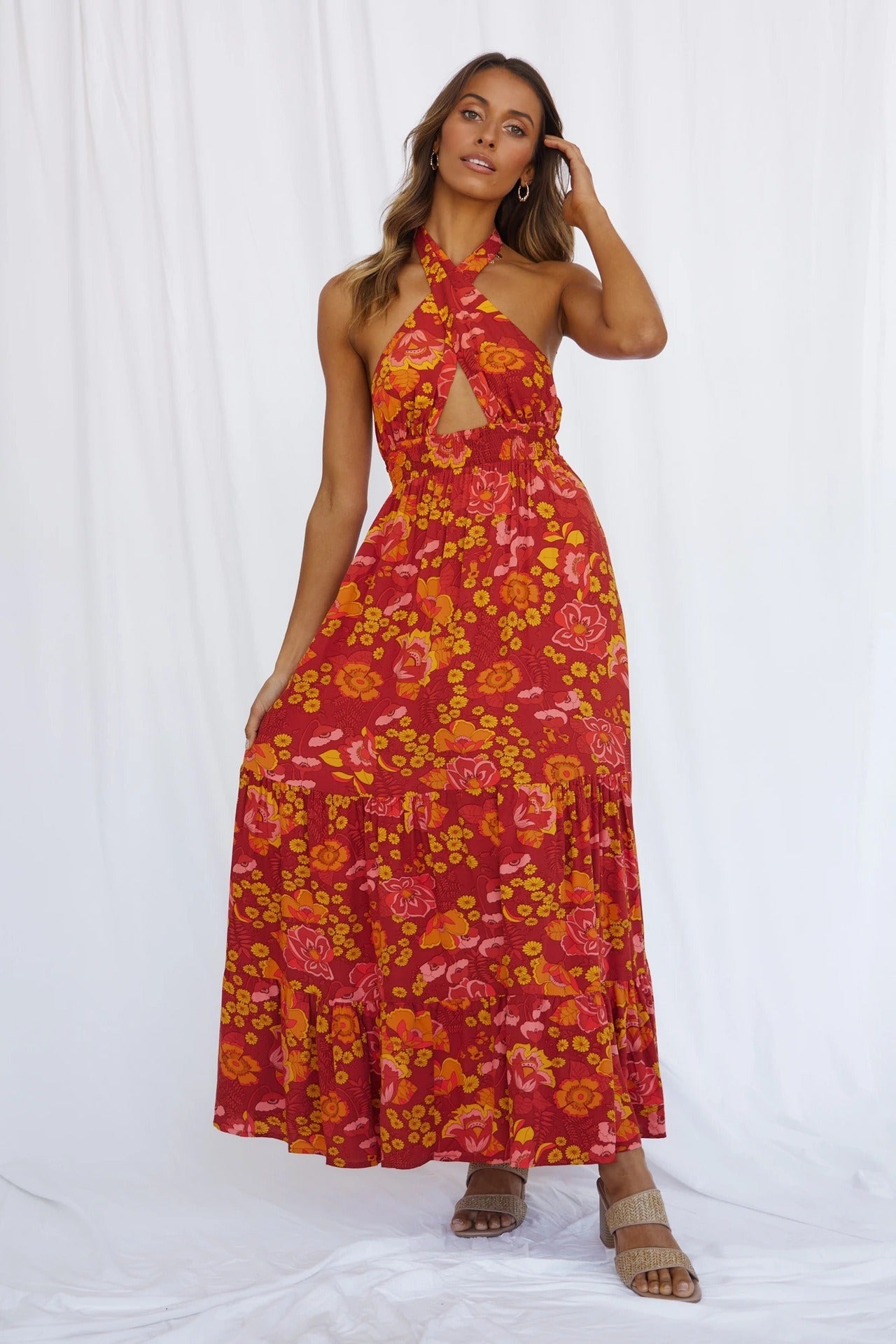 European and American Spring and Summer New Womens Sexy Strap Hanging Neck Split Print Holiday Dress - E-Esther Clothing Store