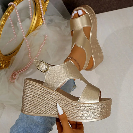 Peep Toe Cut Out Wedge Sandals - E-Esther Clothing Store