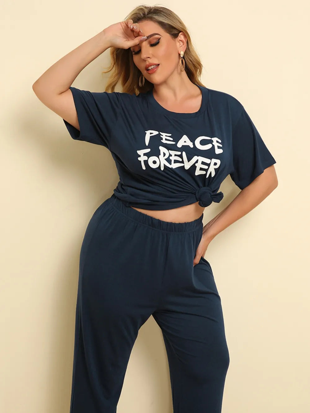 Plus Size PEACE FOREVER Short Sleeve Top and Pants Set - E-Esther Clothing Store
