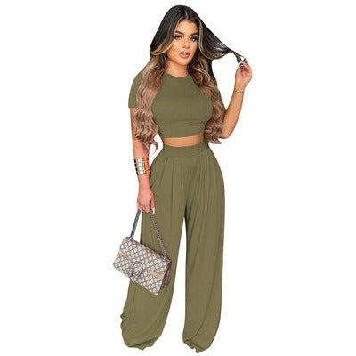 European and American Large Sized Womens Fashion Casual Wide Leg Two Piece Set for Women - E-Esther Clothing Store