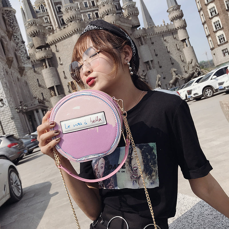 Round Letter Printed Perfume Bottle Pu Leather Casual Handbag Chain Purse Shoulder Bag - E-Esther Clothing Store