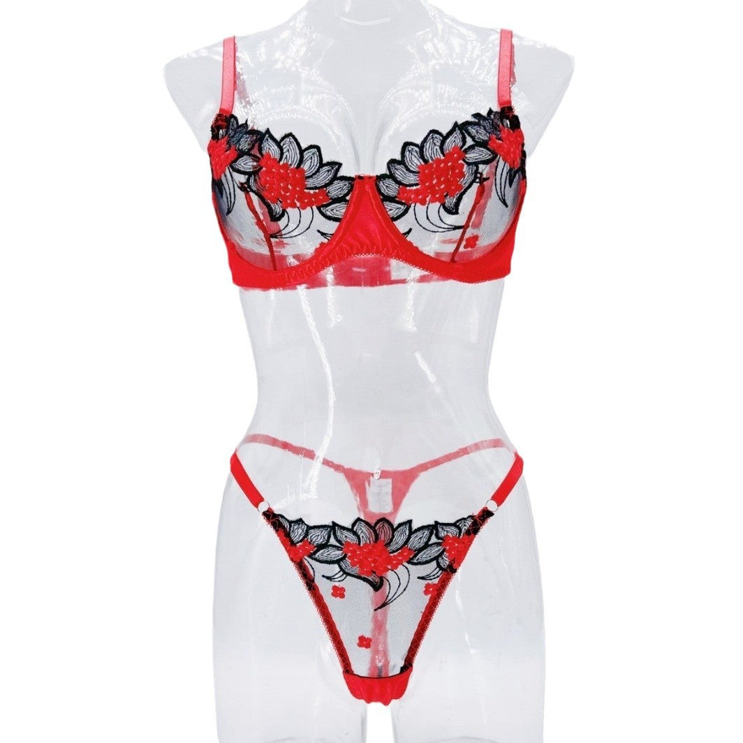 Underwear three-point sexy mesh embroidery perspective fun lingerie set women's T-pants temptation - E-Esther Clothing Store