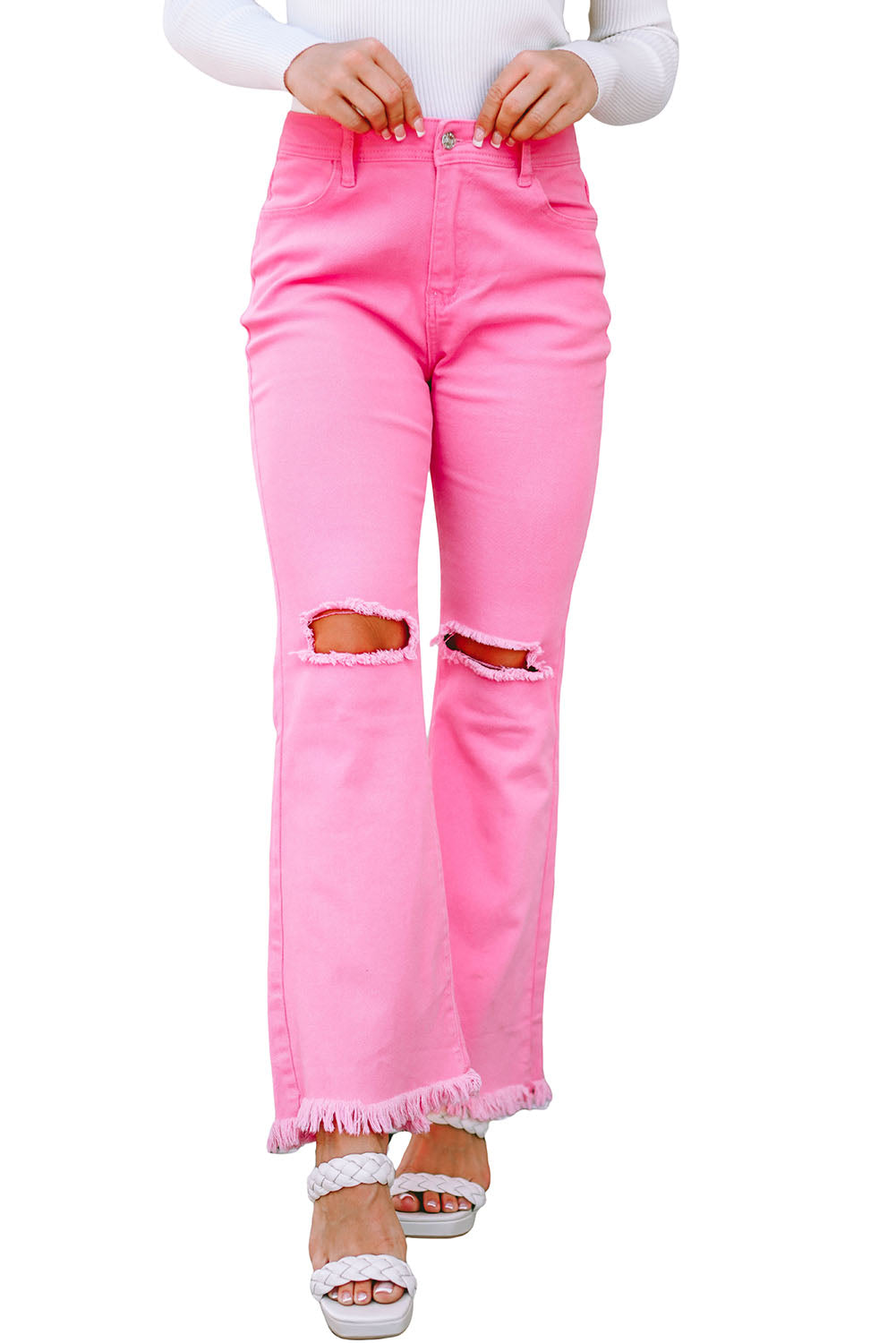Pink Vintage High Waist Flare Leg Ripped Raw Hem Jeans - E-Esther Clothing Store