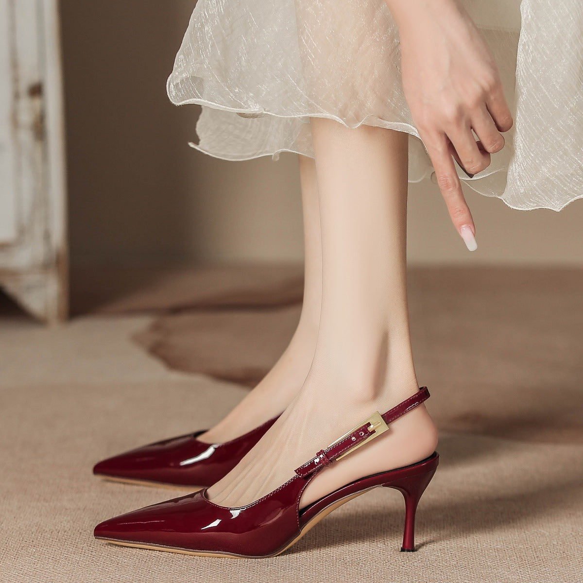 Women's High Heel Pointed Toe Stiletto Ankle Strap Pumps, Sexy Ladylike Red Patent Leather Open-Toe Shoes - E-Esther Clothing Store