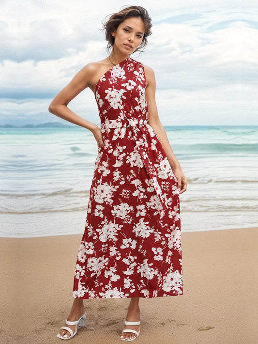Printed Single Shoulder Sleeveless Dress - E-Esther Clothing Store