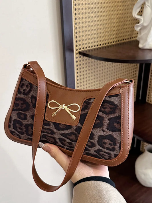 Bow Leopard PU Leather Handbag - E-Esther Clothing Store