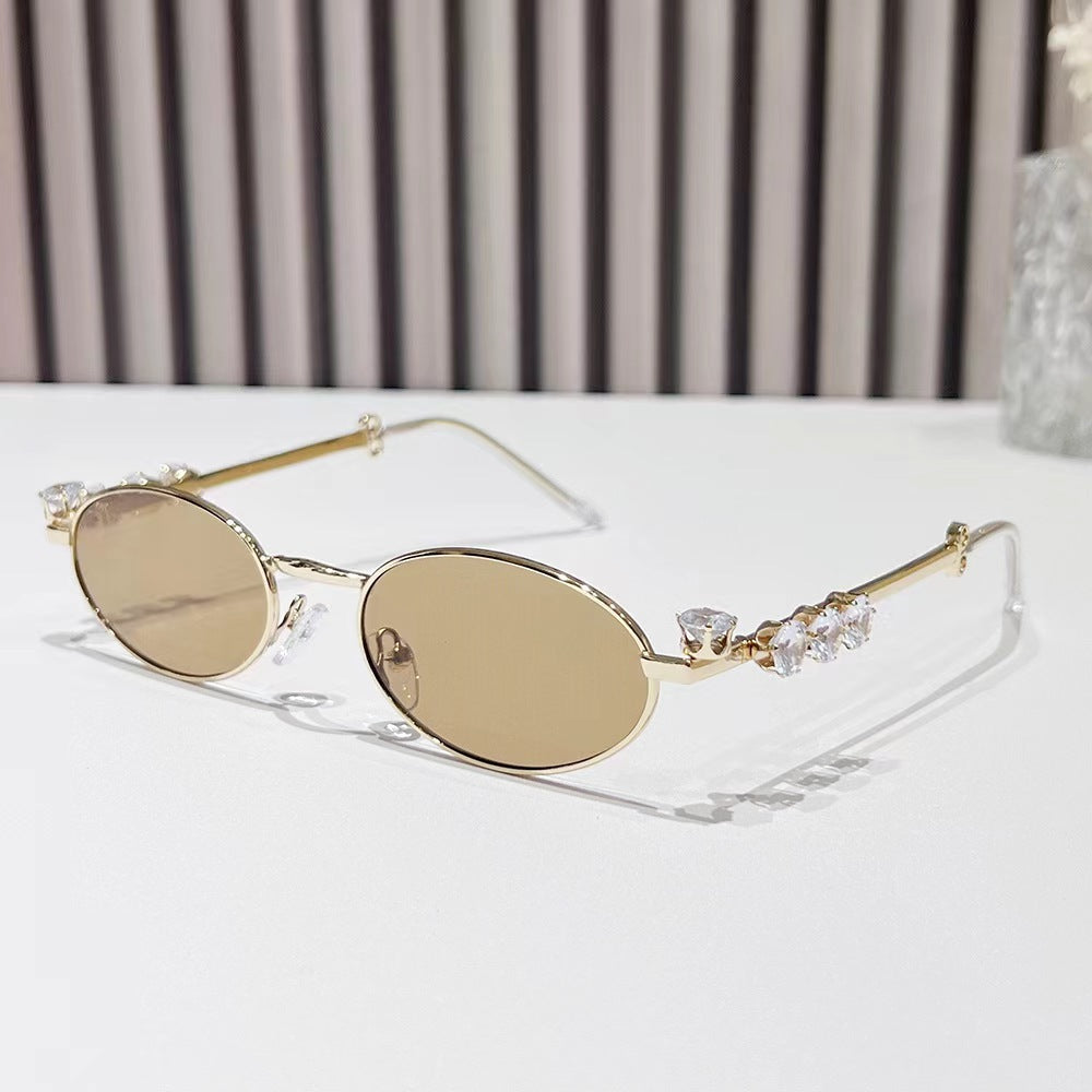 Metal inlaid diamond oval frame glasses resin anti blue light glasses rhinestone sunglasses - E-Esther Clothing Store