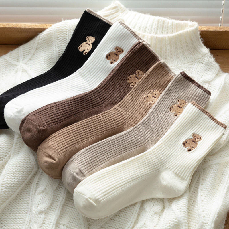 Women's Cute Bear Cotton Socks Comfortable Soft Crew Breathable Sports Sock Cartoon Short Sock Middle Tube Socks 6 pairs - E-Esther Clothing Store