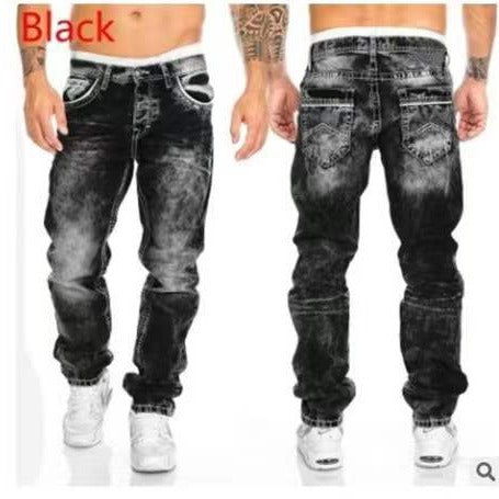 European and American new jeans casual open line pants straight leg men's pants hip-hop jeans - E-Esther Clothing Store