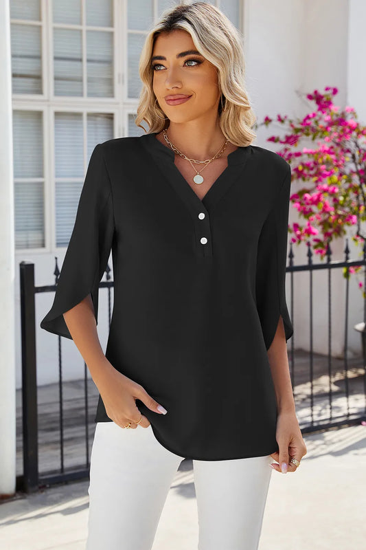 Solid color V-neck mid sleeve chiffon top for women - E-Esther Clothing Store