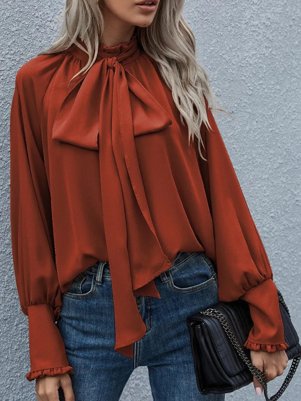 Tie Neck Lantern Sleeve Blouse - E-Esther Clothing Store