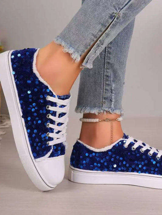 Sequin Round Toe Flat Sneakers - E-Esther Clothing Store