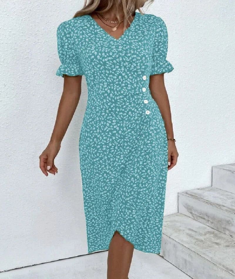 European and American Summer New Womens Vacation Leisure Flower Irregular Bottom V Neck Dress - E-Esther Clothing Store