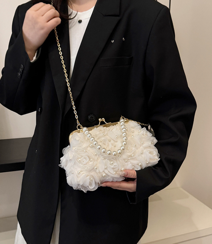 Net Lace Pleated Clutch Evening Handbag Korean Sweet Style Pearl Chain Crossbody Bag - E-Esther Clothing Store