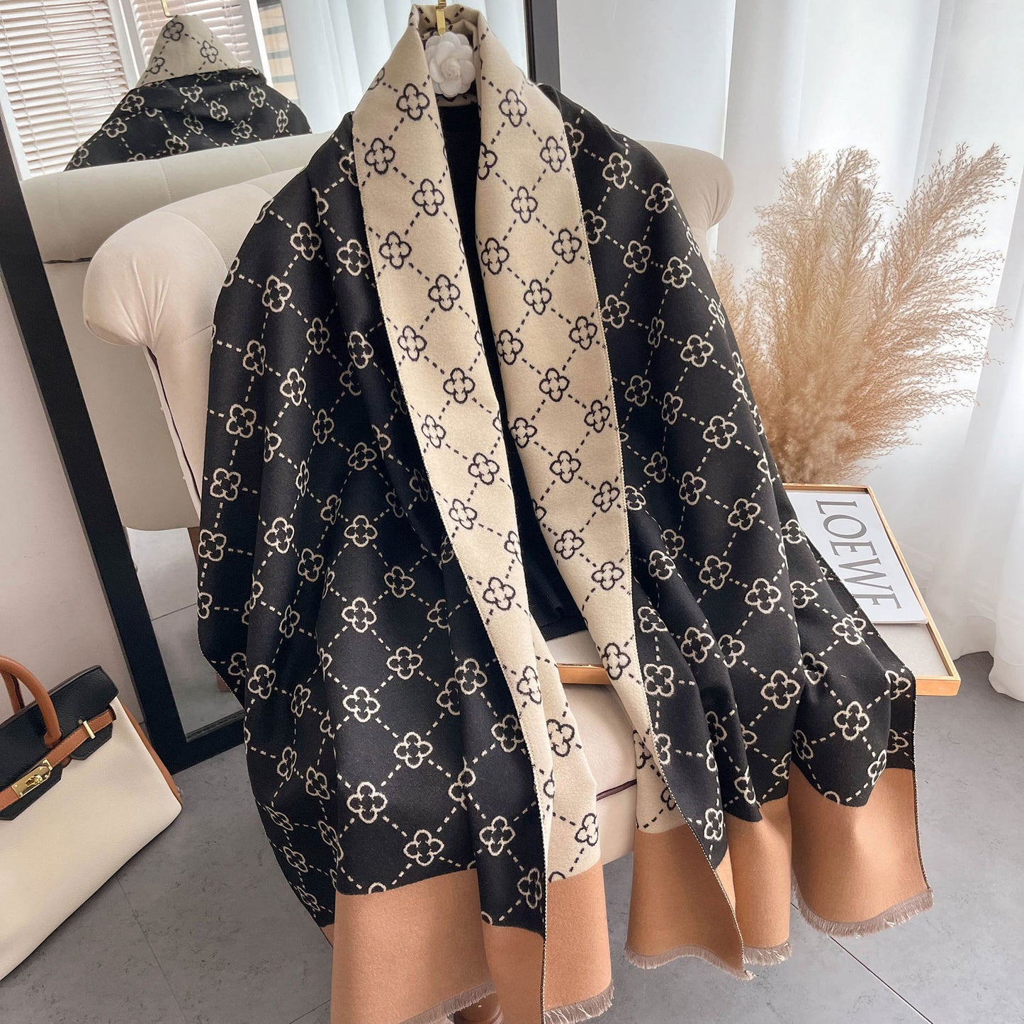 Imitation cashmere scarf women's sunflower pattern warm and thick long shawl scarf - E-Esther Clothing Store