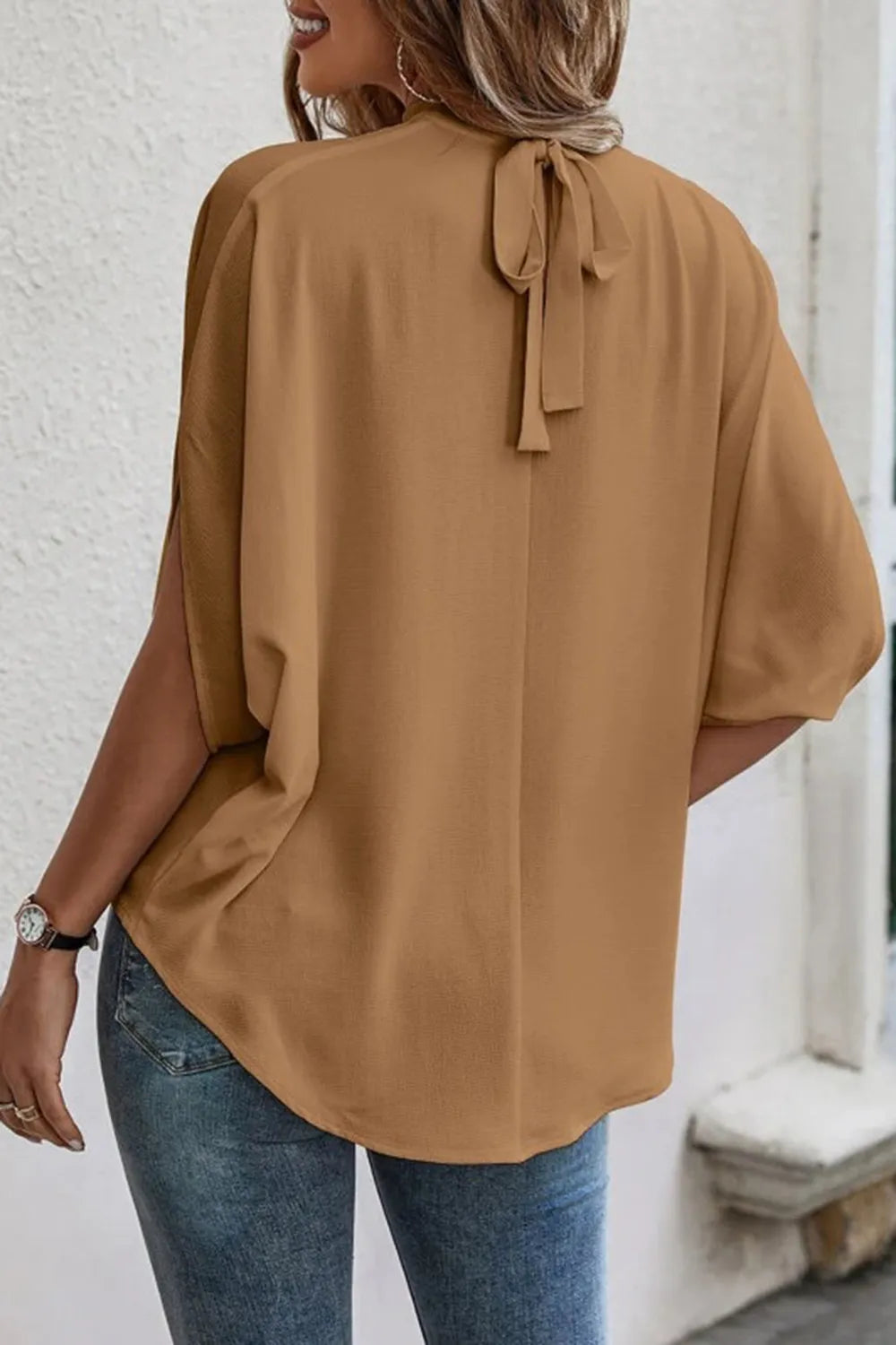 Tie Back Slit Half Sleeve Blouse - E-Esther Clothing Store