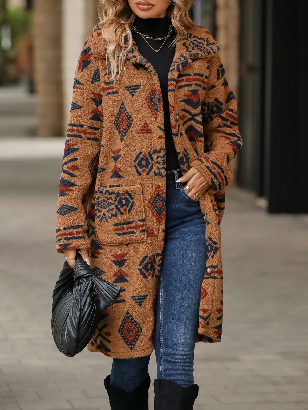 Geometric Pocketed Dropped Shoulder Coat - E-Esther Clothing Store