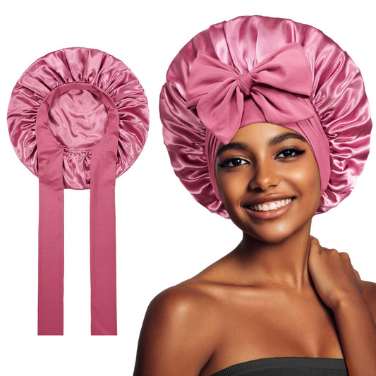 Elastic ribbon bow color Ding round hat solid color night cap wide-brimmed beauty hairdressing head scarf hat - E-Esther Clothing Store