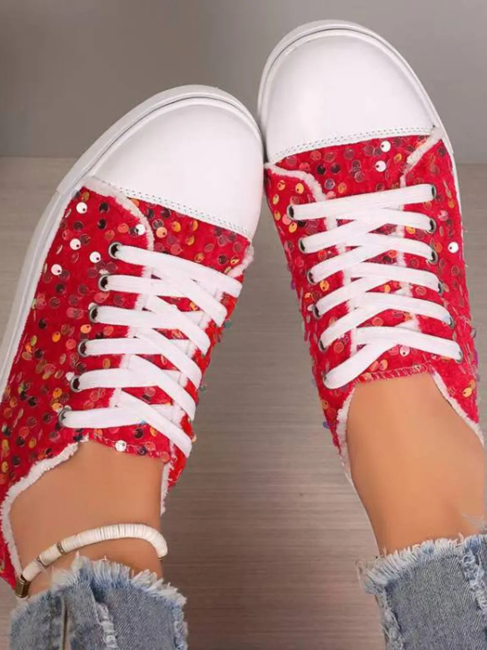 Sequin Round Toe Flat Sneakers - E-Esther Clothing Store