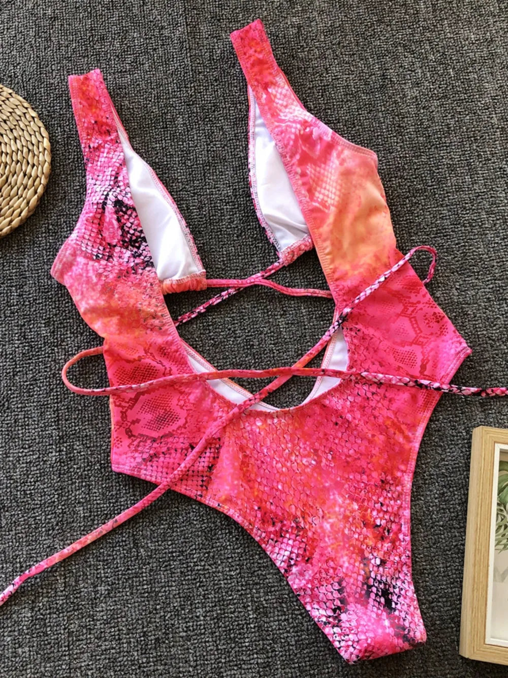 Lace-Up Backless Plunge One-Piece Swimwear - E-Esther Clothing Store