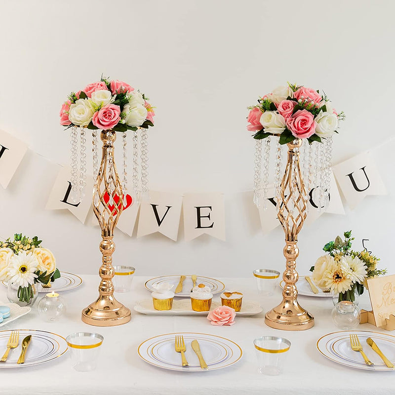 Wrought Iron Metal Flower Stand with Crystal Acrylic Beads Hanging Flower Arrangement, Gold-Plated Decoration for Wedding Tables - E-Esther Clothing Store