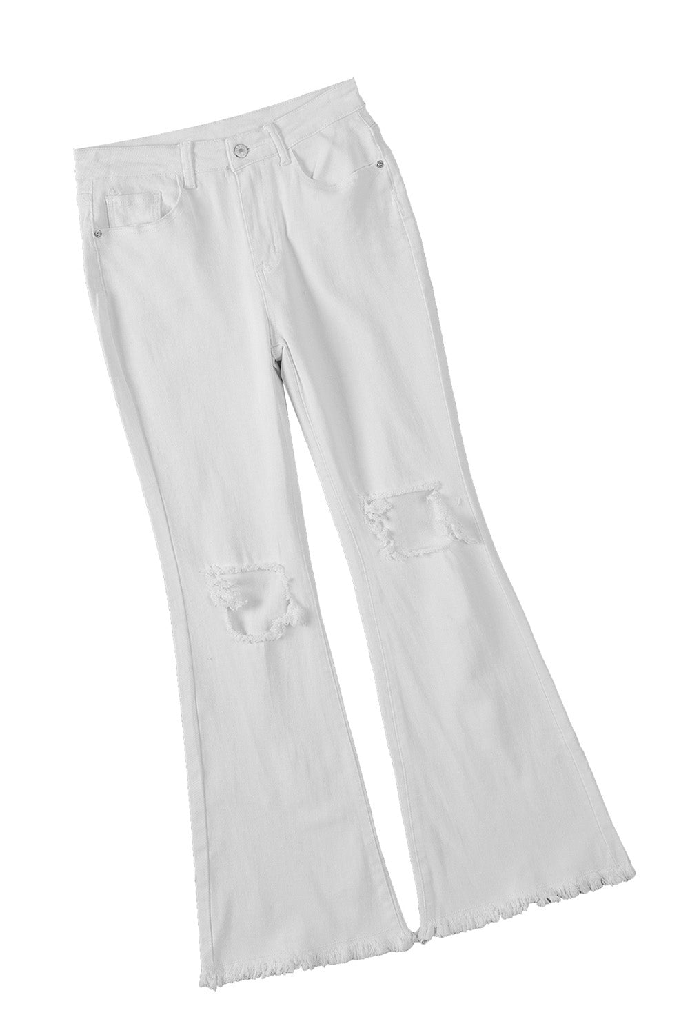 White Distressed Hollow-out Knee Frayed Flare Jeans - E-Esther Clothing Store