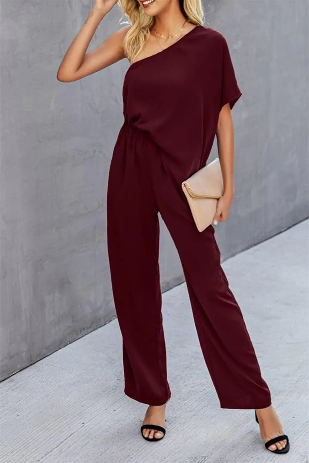 Single Shoulder Short Sleeve Jumpsuit - E-Esther Clothing Store