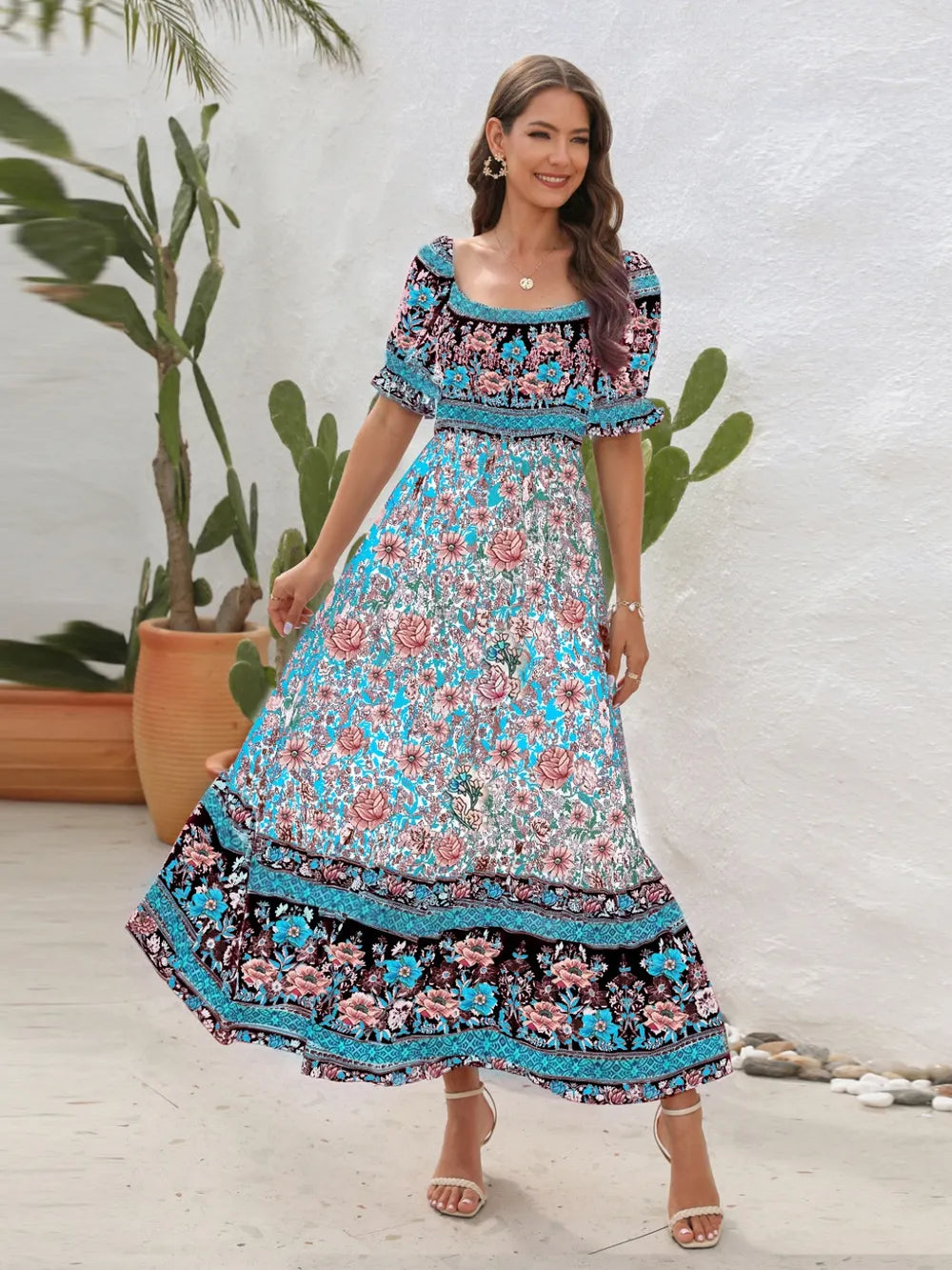 Floral Flounce Sleeve Midi Dress - E-Esther Clothing Store