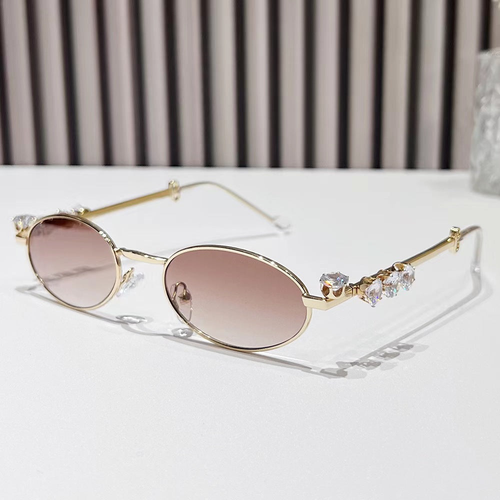 Metal inlaid diamond oval frame glasses resin anti blue light glasses rhinestone sunglasses - E-Esther Clothing Store