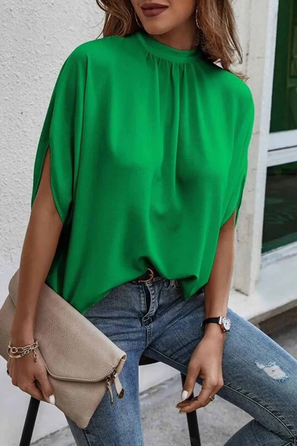 Tie Back Slit Half Sleeve Blouse - E-Esther Clothing Store