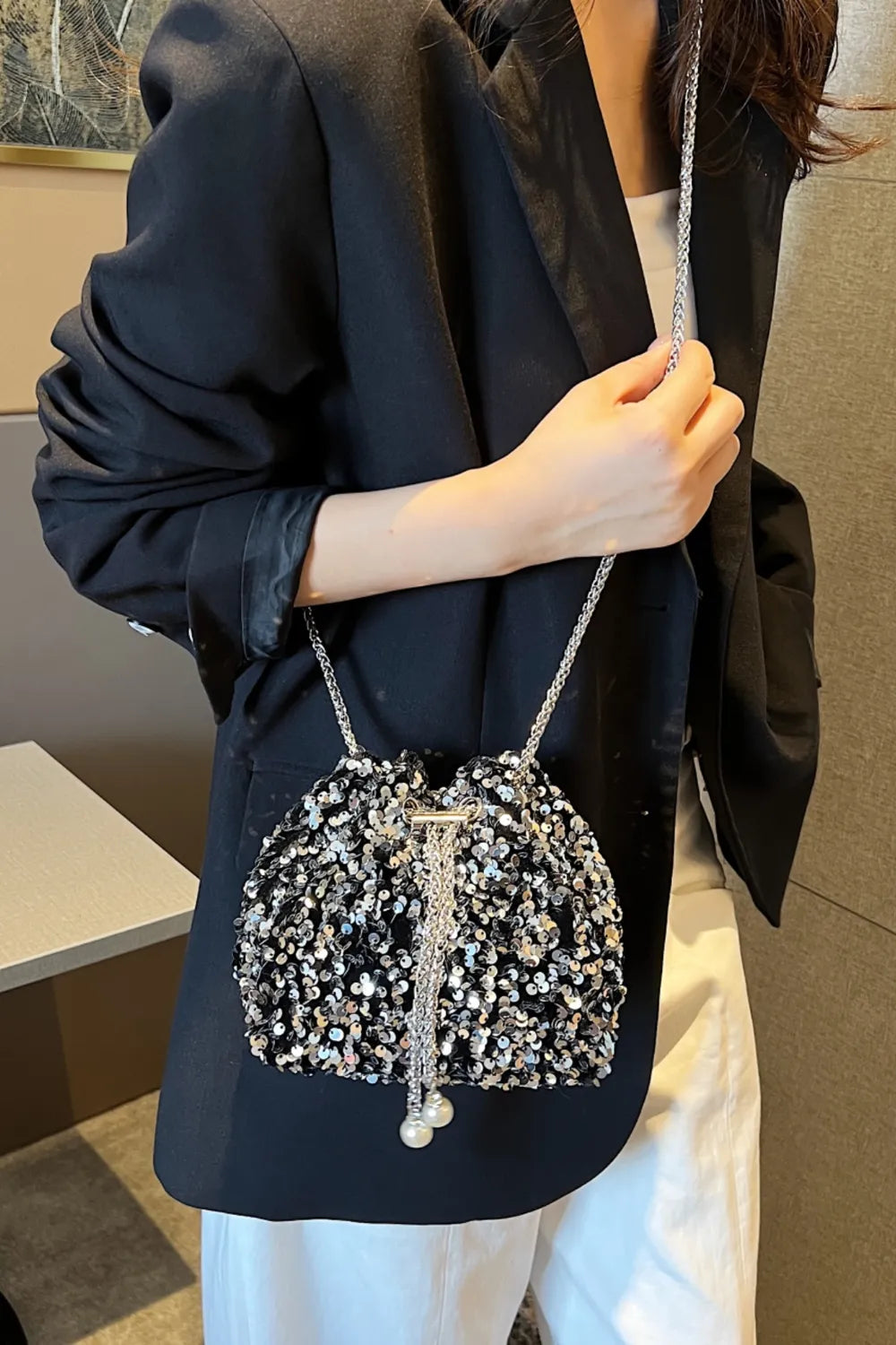 Sequin Chain Drawstring Bucket Bag - E-Esther Clothing Store