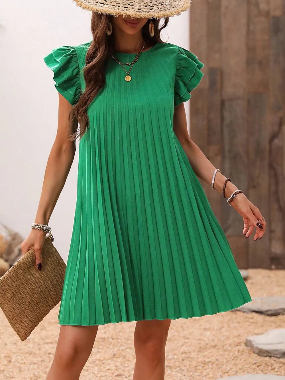 Pleated Round Neck Cap Sleeve Mini Dress - E-Esther Clothing Store