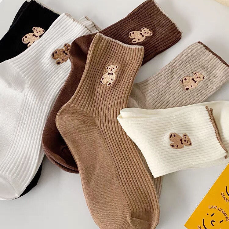 Women's Cute Bear Cotton Socks Comfortable Soft Crew Breathable Sports Sock Cartoon Short Sock Middle Tube Socks 6 pairs - E-Esther Clothing Store