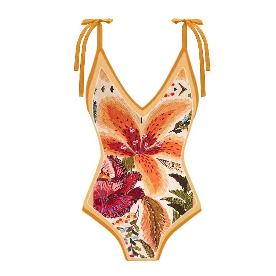 Lace up printed one-piece swimsuit set for women fashionable and sexy bikini - E-Esther Clothing Store