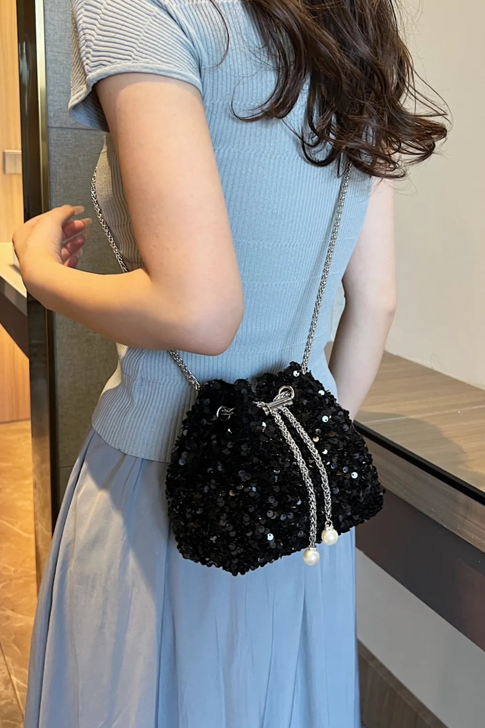 Sequin Chain Drawstring Bucket Bag - E-Esther Clothing Store