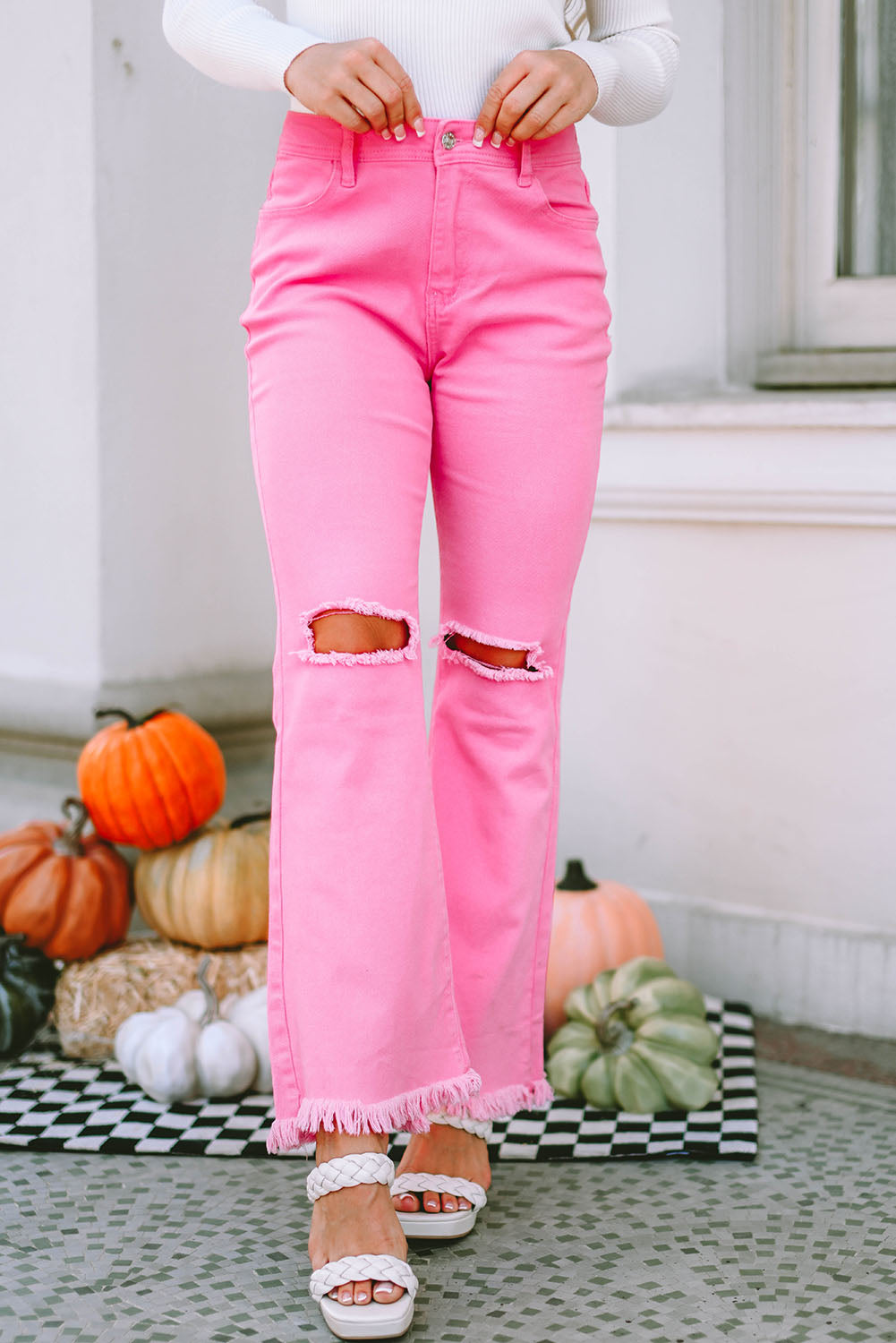 Pink Vintage High Waist Flare Leg Ripped Raw Hem Jeans - E-Esther Clothing Store