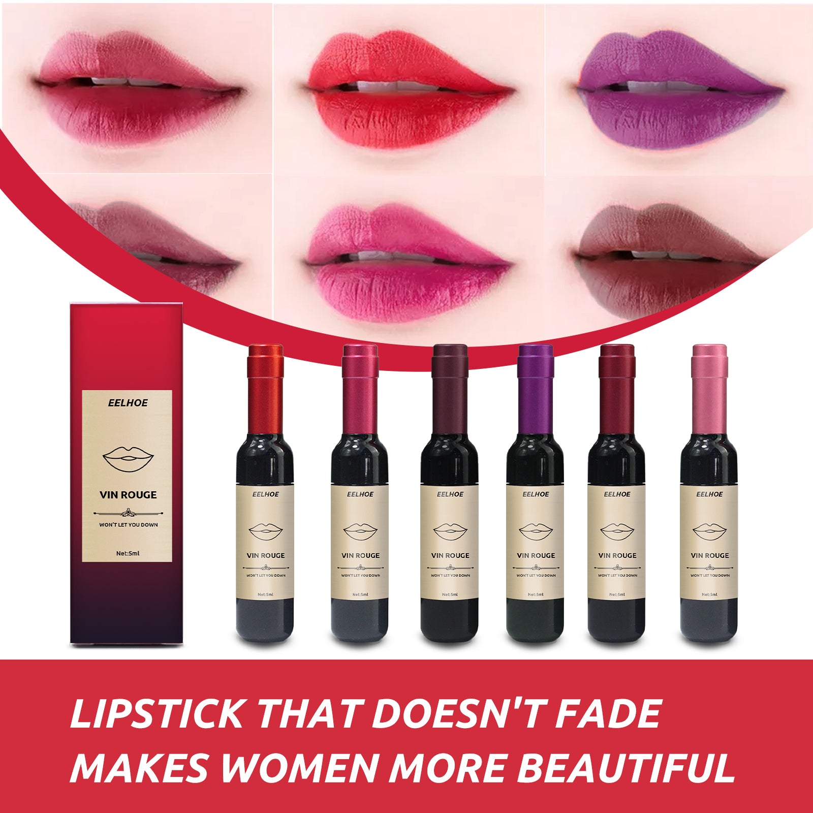 Vin Rouge Lip Tint, Non-Stick Cup Color Development Portable Waterproof Non-Fading Moisturizing Red Wine Bottle Lip Glaze - E-Esther Clothing Store